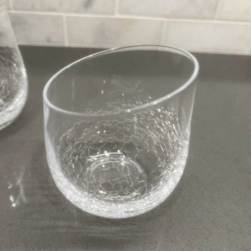 4 Pier 1 Crackle Glass Clear Slant Rim, Stemless Wine Water Glasses 4